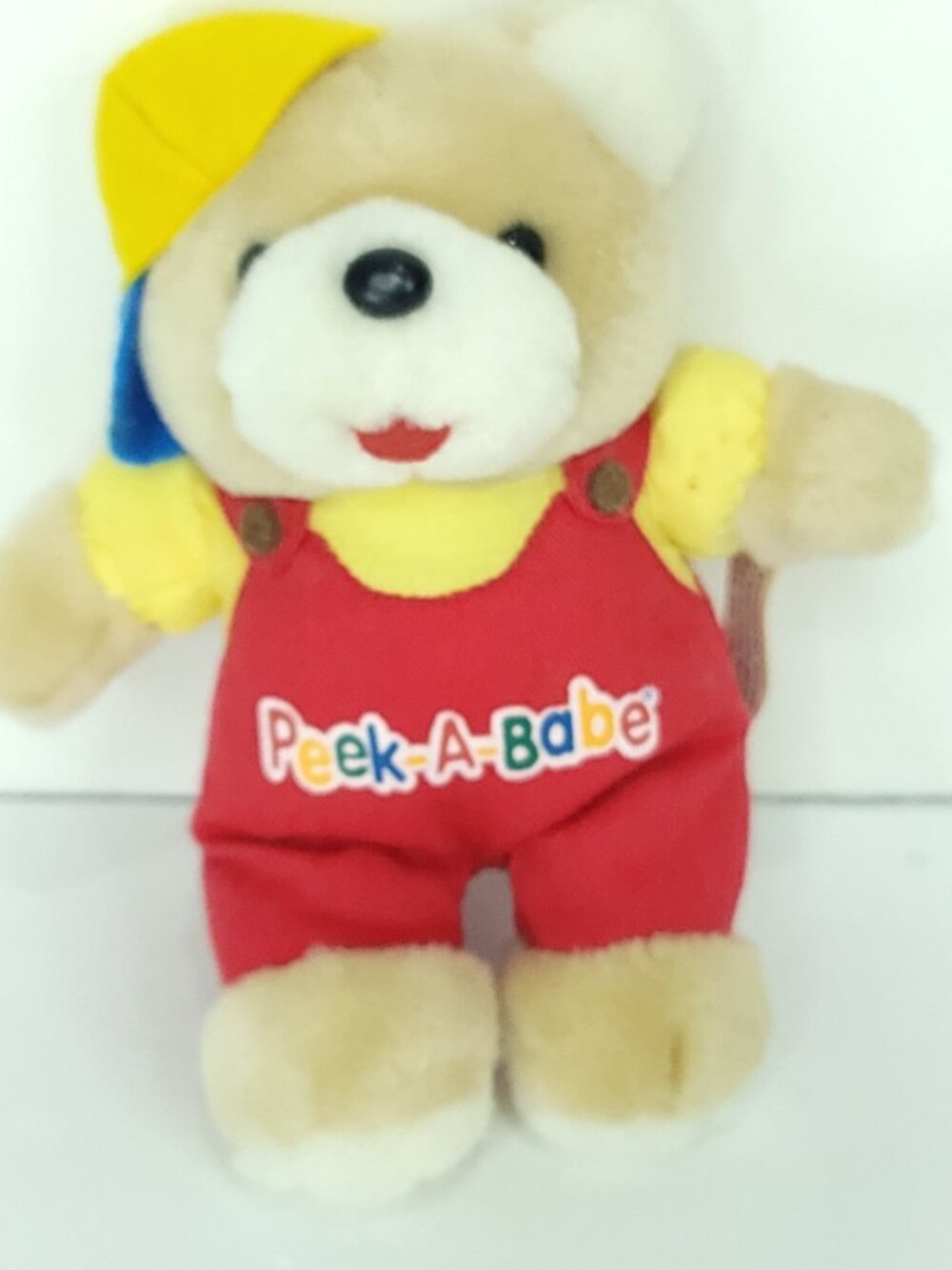 Peek-A-Babe Small Brown Bear Plush Stuffed Animal Red Overalls Yellow Blue Hat